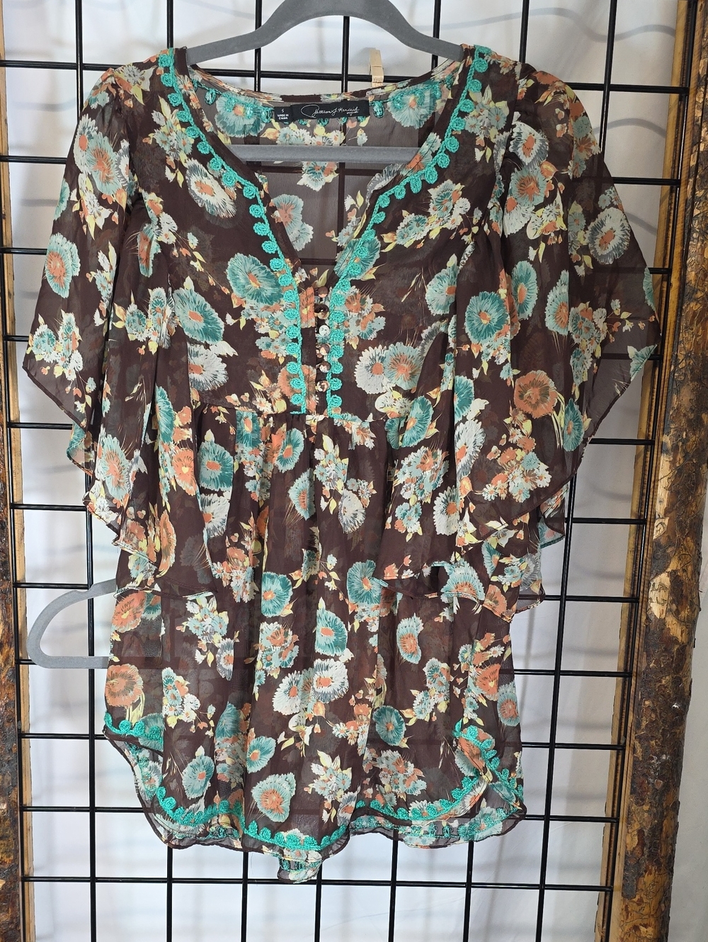 Floral Flutter-Sleeve Tunic in Brown and Teal